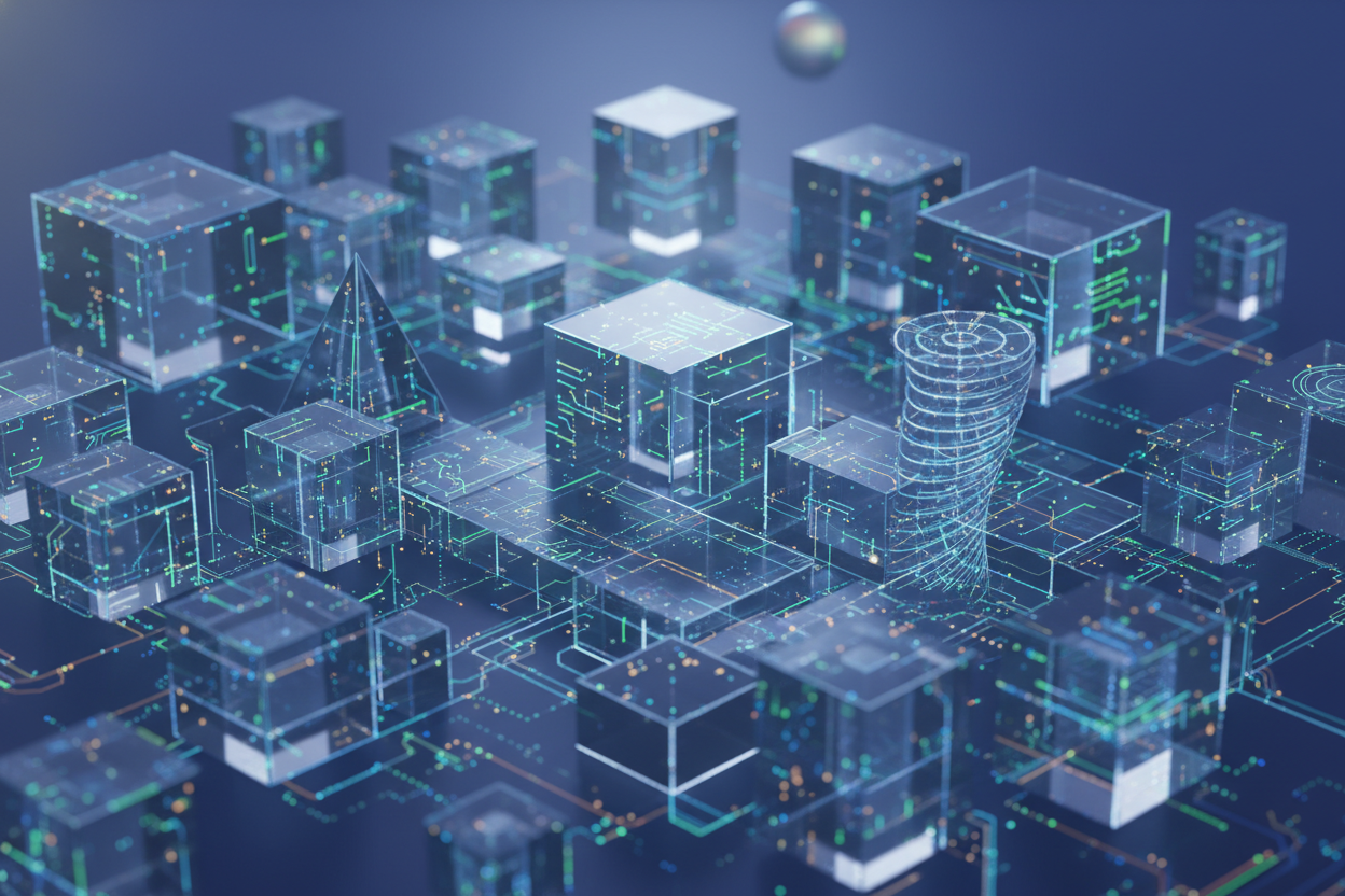 Abstrakte Tech-Strukturen
leichte Linien, Schaltkreis-Muster
futuristische geometrische Formen
→ wirkt professionell und technisch